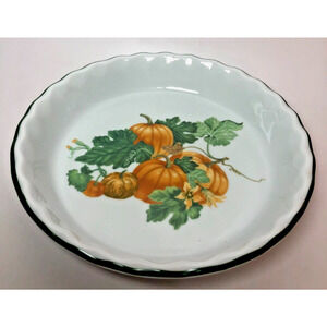Apilco France 9.5" Pie Plate Quiche Dish Orange Pumpkins Green Rim Fluted White